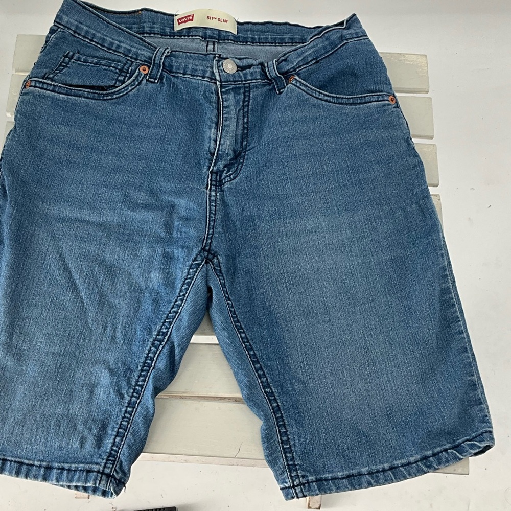 Levi's Blue Denim Shorts with Leather Patch 16 Regular 28 Waist